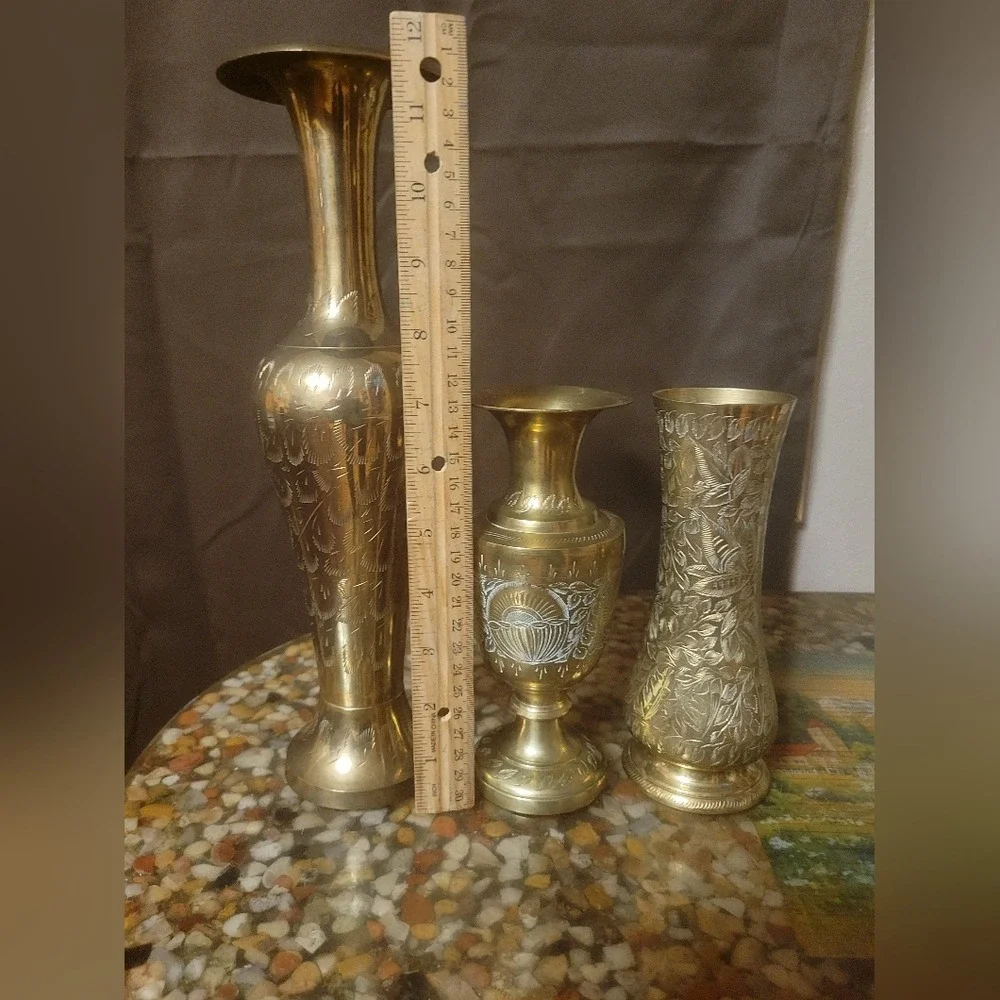 set‎ of 3 brass vase etched ingraved handcrafted India 12
